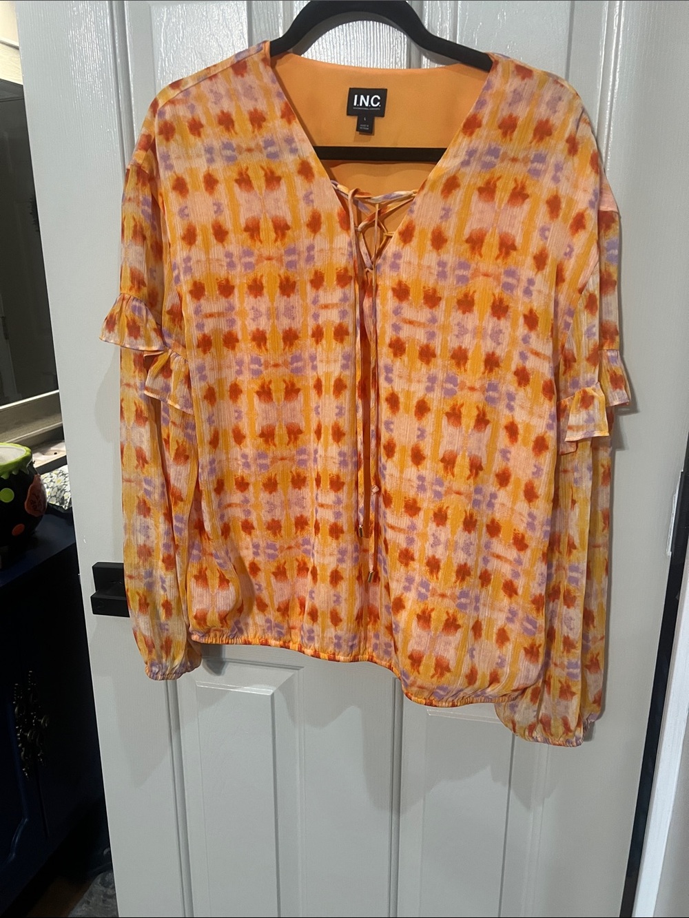 INC International Concepts Orange and Purple Tie-Front Printed Blouse